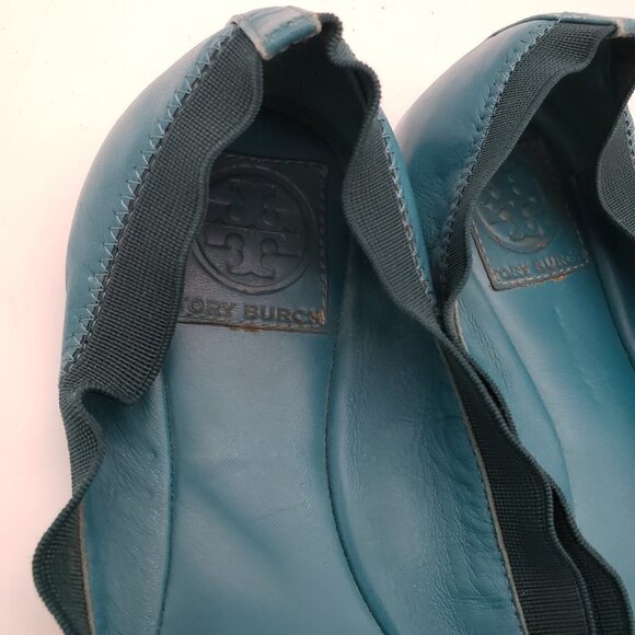 Tory Burch Caroline Ballet Flats Blue Leather Packable Slip On Shoes Sz 7.5M - Picture 4 of 8